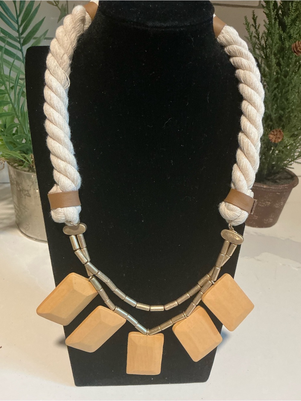 Beige Rope Statement Necklace with Wooden Pendants